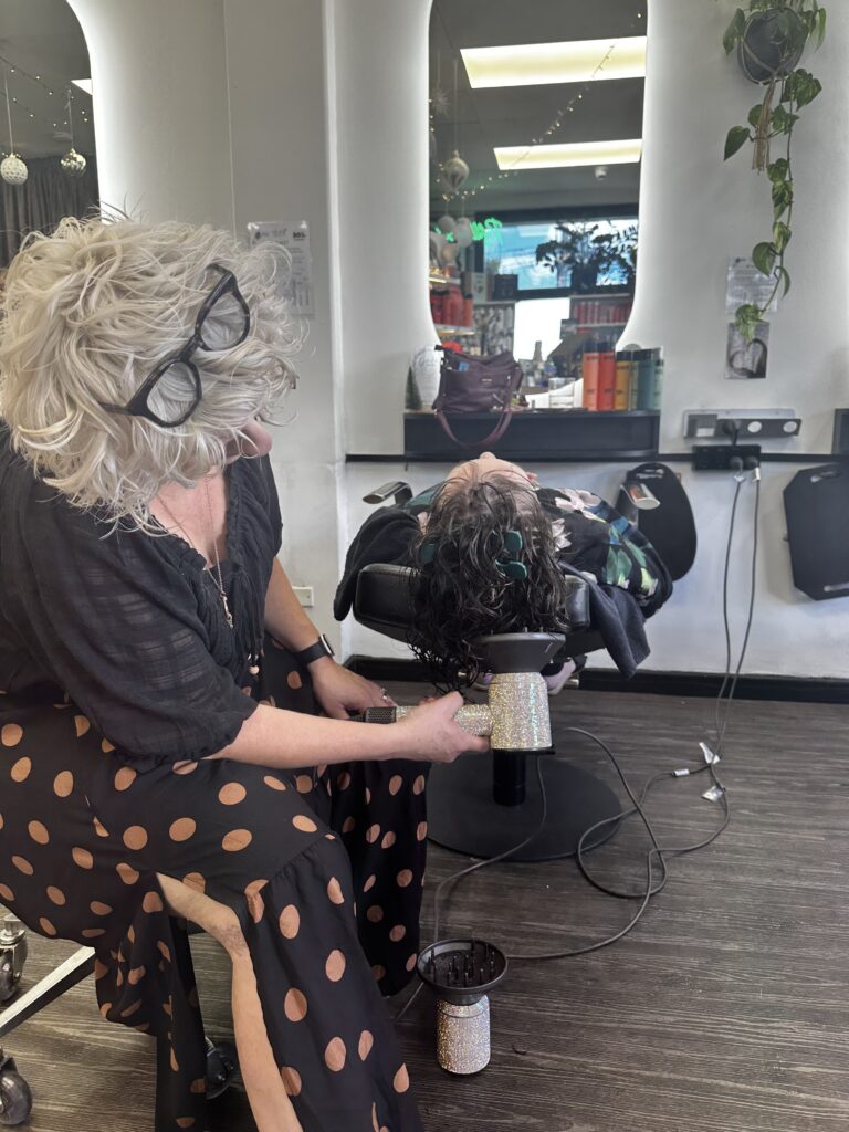 Curls reclining to diffuse dry - Jarnell Cut Colour Curl