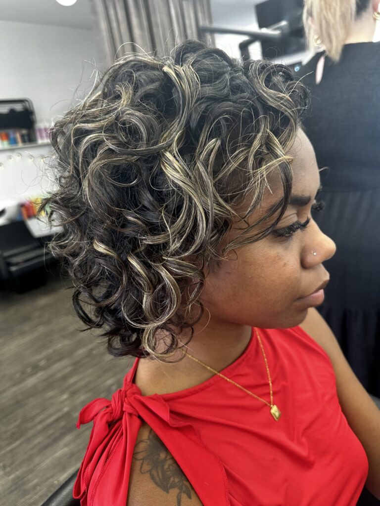 tight textured curls growing out a smoothing treatment Jarnell Cut Colour Curl